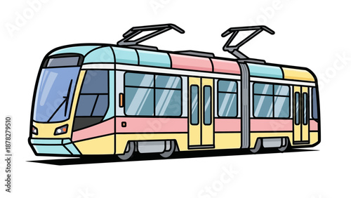 Modern colorful articulated tram vehicle with sleek design and multiple doors
