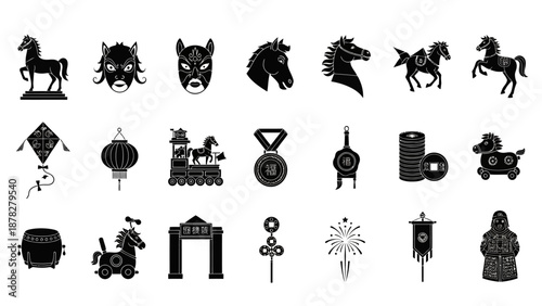 Collection of medieval weapon and horse silhouettes displayed on a neutral background from a straightforward viewpoint