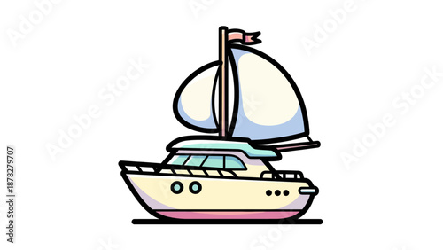 Colorful Cartoon Yacht Sailing on Calm Sea with Flag and Blue Sky