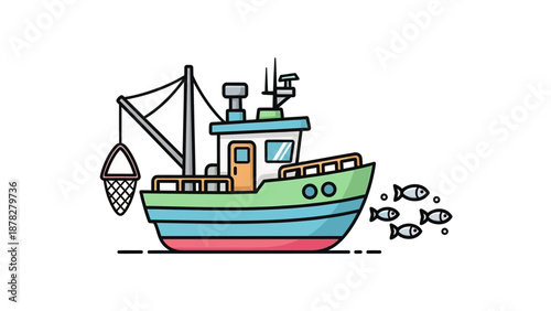 Colorful Fishing Boat with School of Fish Navigating Calm Waters under Clear Sky