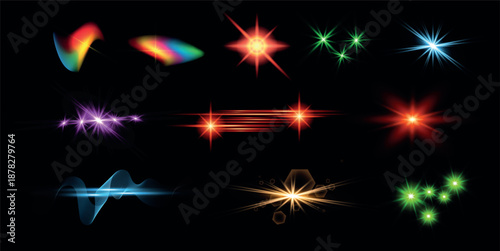 Collection of vibrant colorful starburst effects and sparkles  for creative design