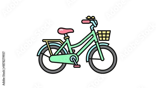 Colorful illustrated city bicycle with front basket and pink seat for casual