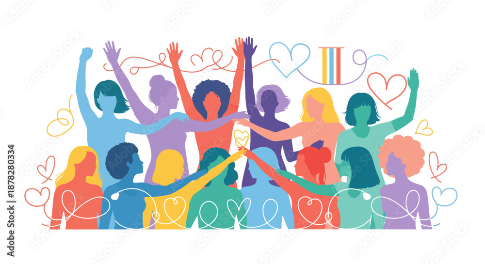 Fototapeta premium Colorful illustration of diverse women standing together, celebrating unity, empowerment, and sisterhood; a powerful symbol of support, equality, and community solidarity