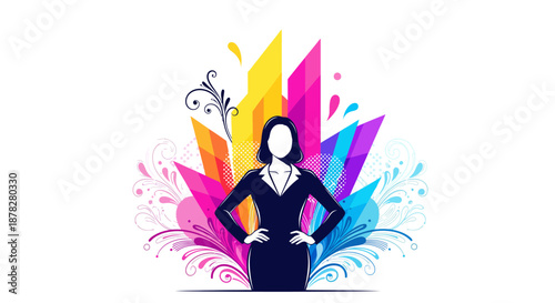 Creative business woman with vibrant colorful abstract background and hands on hips
