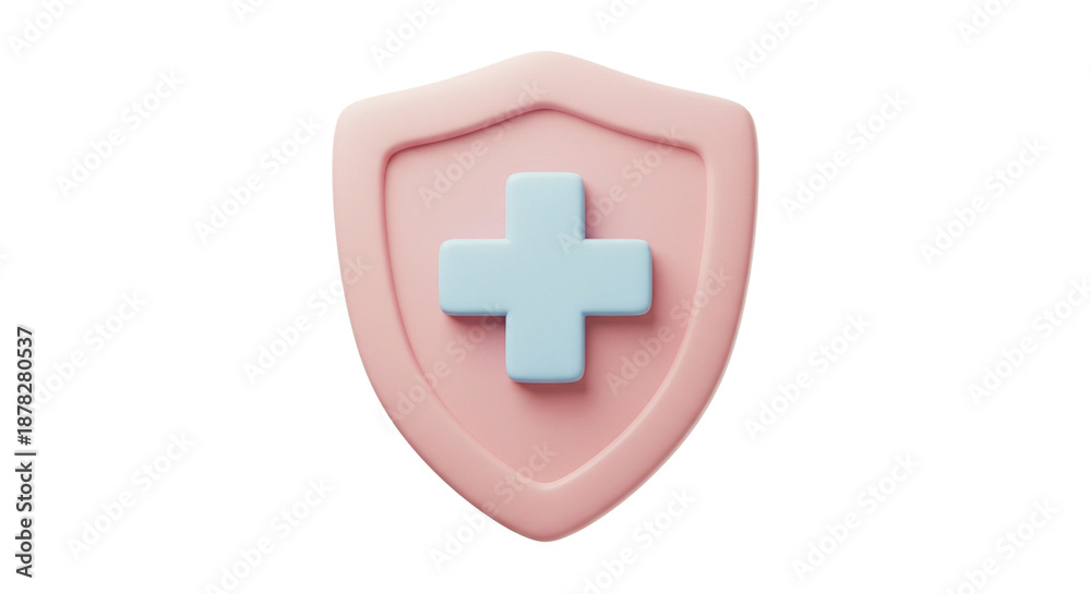 Fototapeta premium A pink shield with a blue cross on a black background representing medical protection and safety
