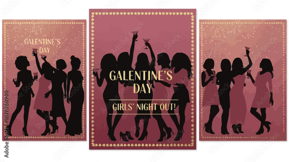Fototapeta premium Silhouetted women celebrating Galentine's Day together at a lively party venue, viewed from behind as they dance and raise their arms in joy