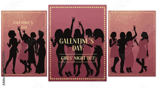 Silhouetted women celebrating Galentine's Day together at a lively party venue, viewed from behind as they dance and raise their arms in joy