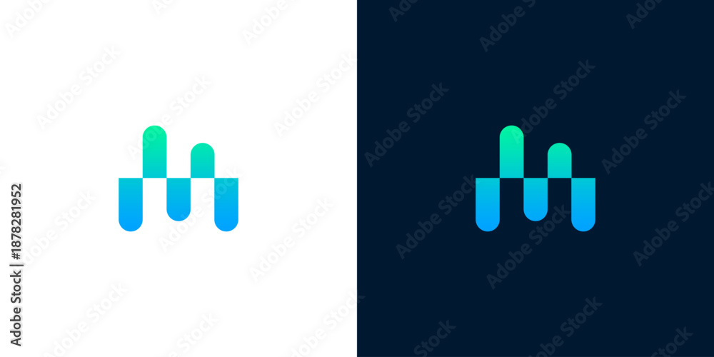 Obraz premium Concept of a modern digital sound wave or data visualization logo, featuring abstract, dynamic vertical bars in a vibrant blue-green gradient, perfect for technology and audio-related branding