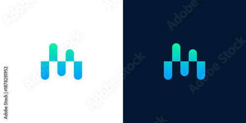 Concept of a modern digital sound wave or data visualization logo, featuring abstract, dynamic vertical bars in a vibrant blue-green gradient, perfect for technology and audio-related branding