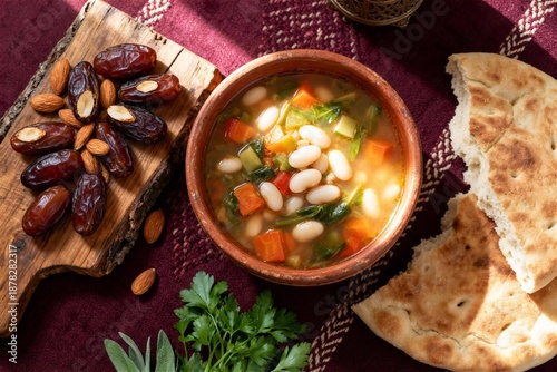 Traditional Ramadan iftar tableau with steaming soup in a clay bowl, fresh dates on a wooden board, and soft flatbread on a dark red table, captured from an overhead view