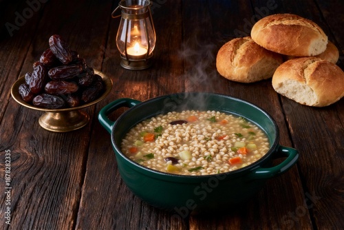 steaming green ceramic soup with dates, bread, and lantern on a wooden table, captured from a close-up perspective highlighting warm hospitality.