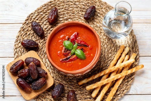 Ramadan Iftar Spread Showcasing Red Terracotta Soup, Fresh Dates, Crunchy Breadsticks, Water Jug on Handwoven Jute Placemat, Overhead View on Whitewashed Wooden Table