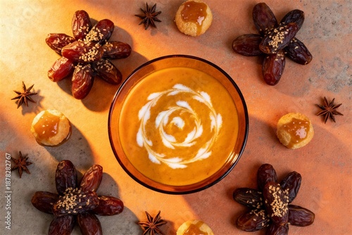 Close‑up view of a traditional Ramadan iftar setting with a black‑rimmed bowl of orange soup, creamy swirl topping, surrounded by dates and star anise on a warm kitchen table