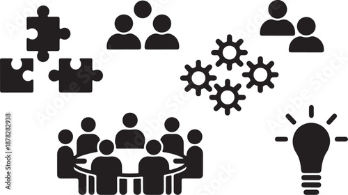 Black and white of people teamwork puzzle gears and lightbulb