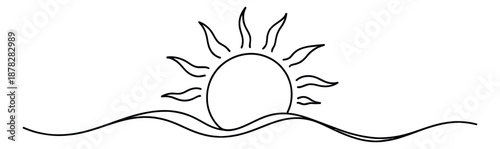 Hand drawn line art illustration of a sun depicting rising over waves for nature and travel concepts