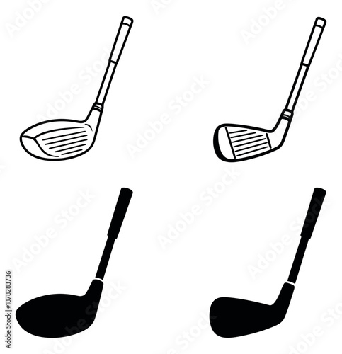 Hand drawn golf clubs set featuring line art and silhouette illustrations for sports and leisure activities