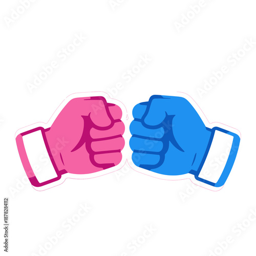 Pink and blue fists bumping in a flat vector icon.