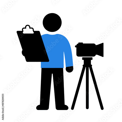 Vector icon of film director with camera on tripod.
