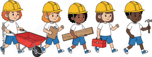 Cartoon Vector Illustration of Diverse Children Wearing Hard Hats and Carrying Construction Tools While Walking Together on a White Background