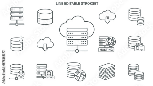 Editable line icons for server, cloud, and data storage solutions