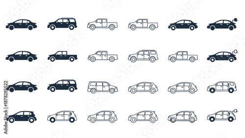 Collection of modern car icons in various styles and colors