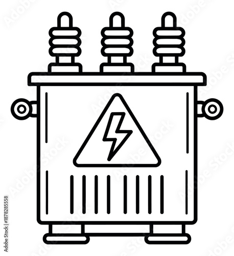 Line art illustration of a power transformer depicting an electric warning symbol for energy supply