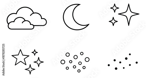 Simple line art celestial and weather icon set featuring clouds, a crescent moon, shining stars, and dots for graphic design