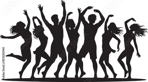 Silhouettes of people dancing with raised arms joyful