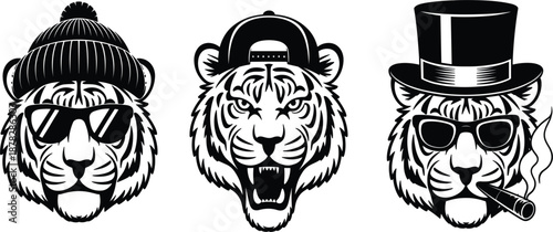 Set of three cool tiger head characters wearing beanies caps top hats and sunglasses vector illustration