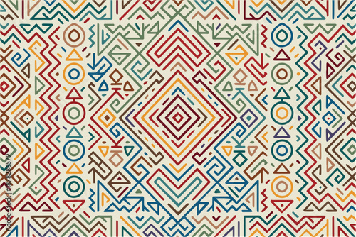 Vector background pattern featuring ethnic inspired lines arranged harmoniously, using calm and soft colors to create a peaceful, balanced, and elegant decorative design with cultural character.