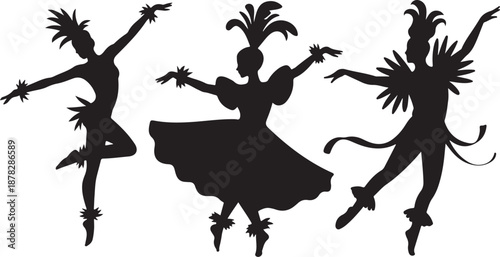 Three Silhouette Dancers with Feathers in Motion ballet