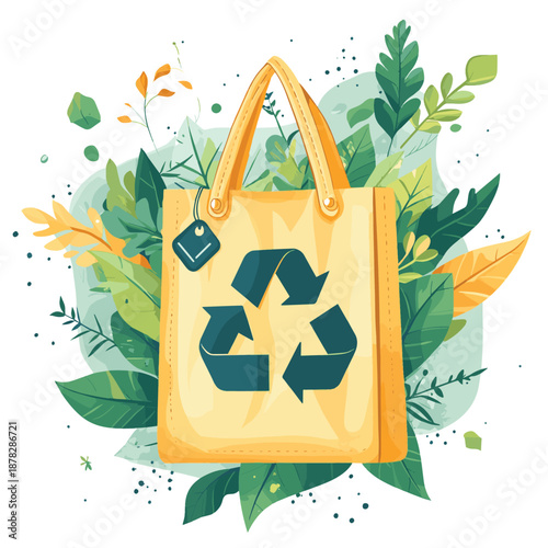 Illustration showing a reusable bag with recycle symbol surrounded by leaves and a tag on a white background , vector style simple color