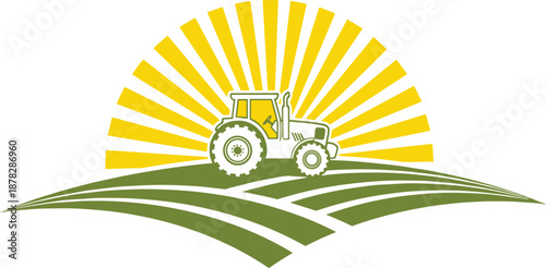 Green Tractor on Farm Field at Sunrise Vector Illustration for Agricultural Business Logo Organic Farming Branding Rural Countryside Landscape and Modern Sustainable Food Production
