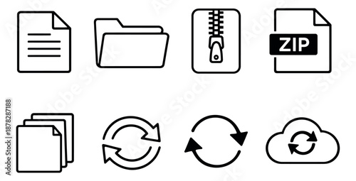 Simple line art document and data management icons set featuring files, folders, zipped archives, refresh symbols, and cloud sync for digital interface and web design