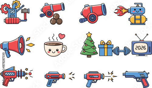Set of Kawaii Cartoon Vector Icons Featuring Cute Cannons Space Blasters Megaphone Christmas Tree Coffee Cup And Retro Television For Game Design And Stickers