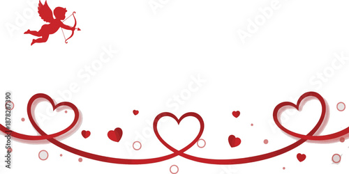 Valentine's Day background with cute cupids, red heart ribbons and romantic swirls