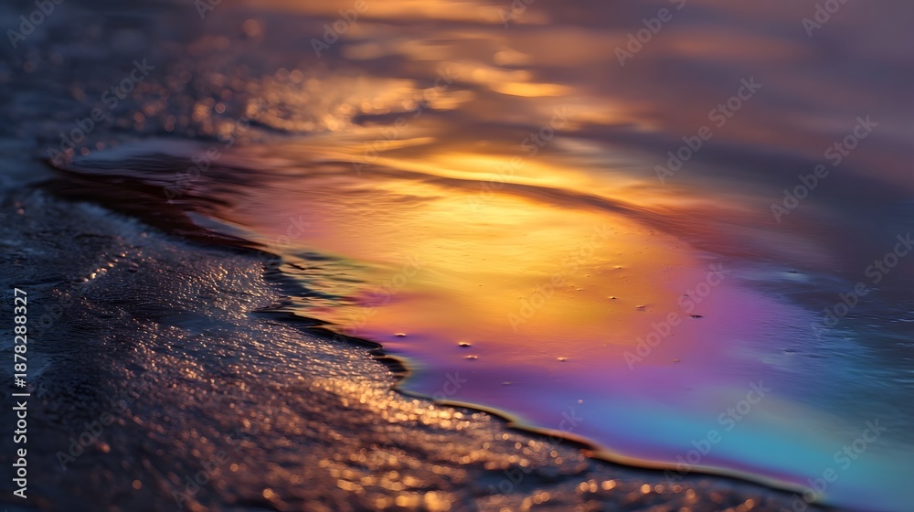 Fototapeta premium Close up of a vibrant iridescent oil slick on a wet surface reflecting the warm golden and colorful hues of twilight creating a stunning natural