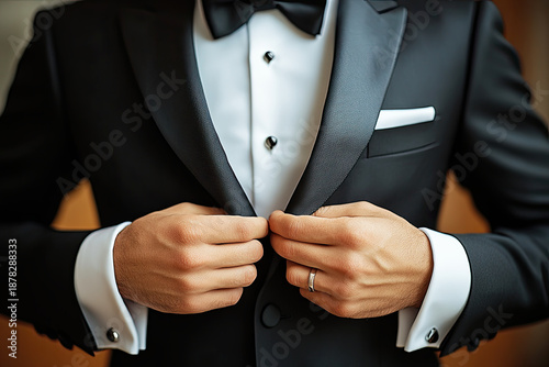 A close-up of a man wearing a wedding ring, adjusting his tuxedo, showcasing elegance and sophistication, ideal for formal occasions like weddings or galas.