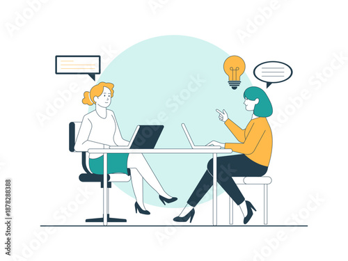 Two businesswomen are having a meeting or discussion for guidance and exchange of ideas. Brainstorming illustration. Flat vector concept.
