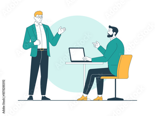 Two business people in a meeting or discussion. Brainstorming illustration. Flat vector concept.