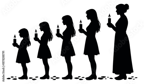 Graphic silhouette women and girls set featuring five female figures depicting age progression holding lit candles for themes of life stages and spirituality