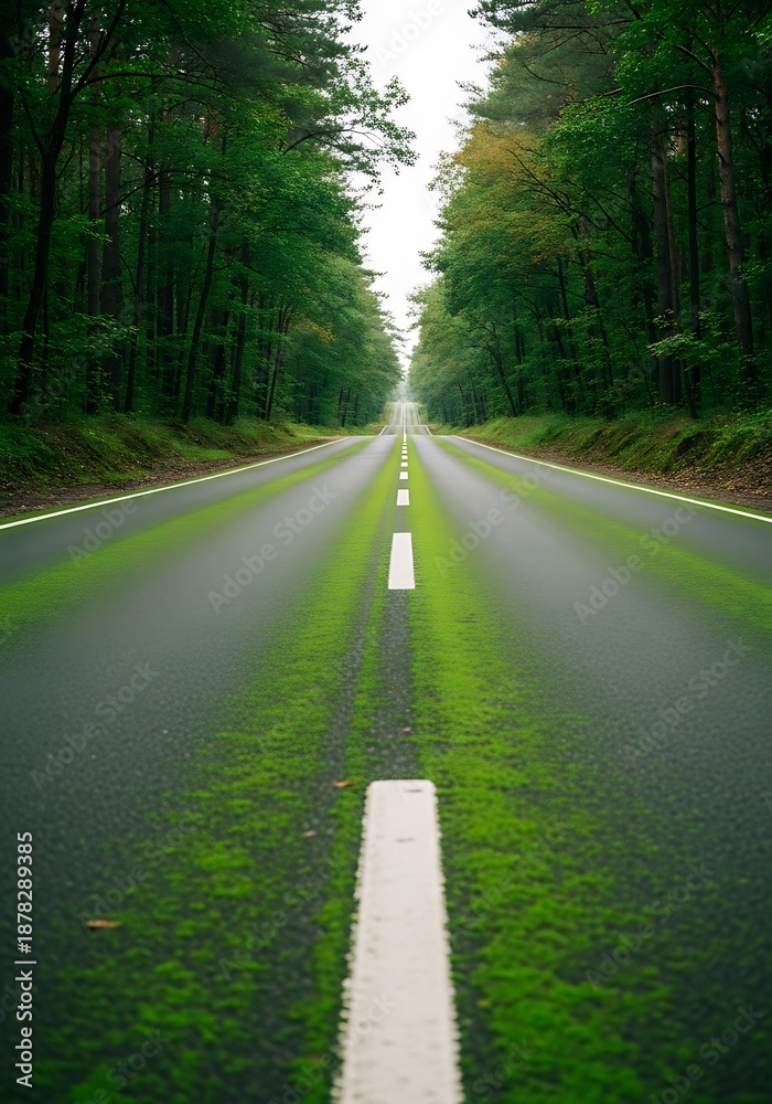 Fototapeta premium Verdant embrace a road overtaken by nature with moss and green trees