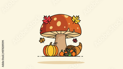 A mushroom with autumn leaves and a cornucopia of fruits