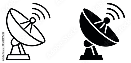 Line art and solid communication technology icon set featuring a satellite dish emitting signals for digital media