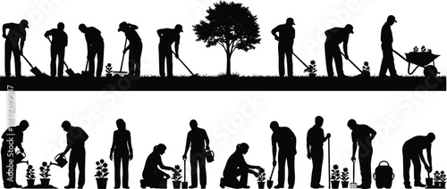 Black Silhouettes of People Gardening and Farming with Tools Like Shovels Rakes and Watering Cans Isolated on White Background for Professional Landscape Design
