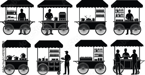 Black Silhouettes of Traditional Street Food Carts and Mobile Market Stalls with Vendors Preparing Snacks and Drinks Isolated on White Background for Festival Design