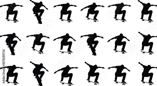Collection of black silhouettes featuring skateboarders performing jumps and tricks on skateboards isolated on white background for extreme sports and urban lifestyle design