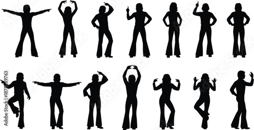 Black silhouettes of disco dancers in 1970s bell bottom outfits performing retro dance moves isolated on white background for vintage party design concepts