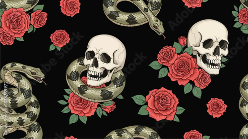 A pattern of snakes, skulls, and roses on a black background