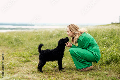 Young woman with her dog walking in summer field